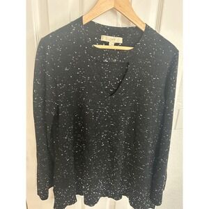 Loft Womens Black White Speckled Cutout V-Neck Knit Sweater Large Long Sleeve